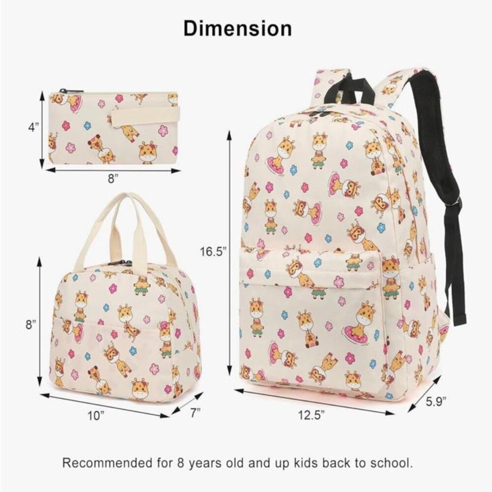 NWOT Giraffe School Backpack Girls, 3Pcs Waterproof Lunch bag pencil case - Picture 2 of 13